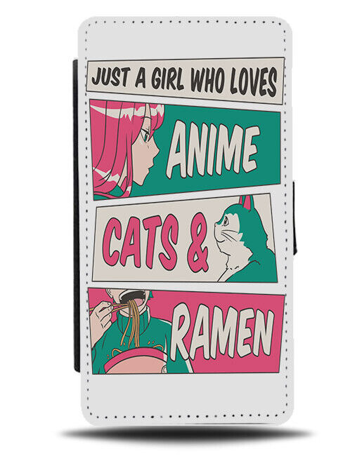 Girl And Cat Anime Ramen Design Flip Wallet Case Noodle Noodles Cartoon Pink 412