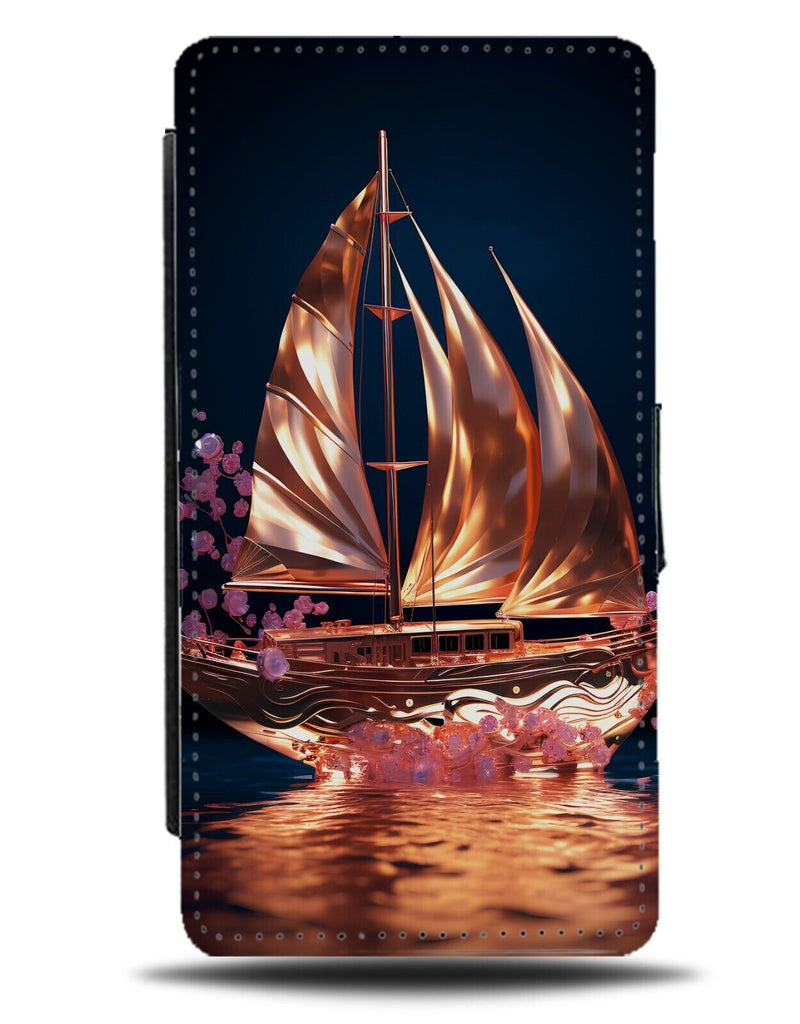 Rose Gold Sailing Boat Flip Wallet Case Sailor Girls Yacht Pirate Ship Sea CM29