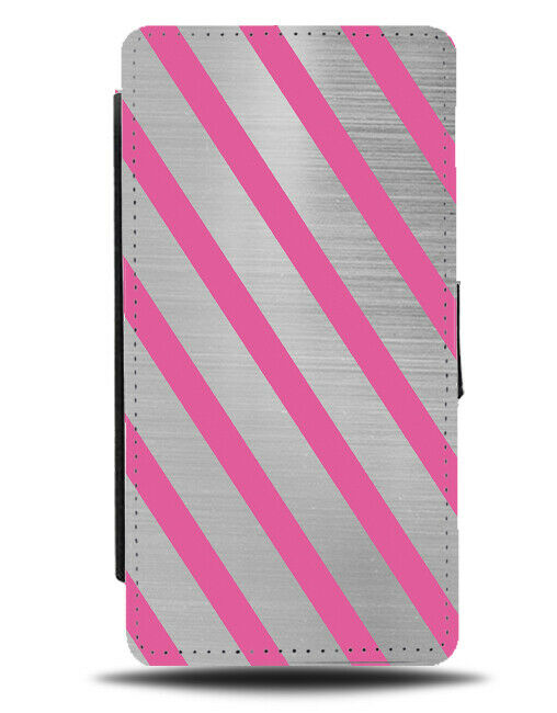 Silver & Hot Pink Striped Flip Cover Wallet Phone Case Design Lined Grey i832