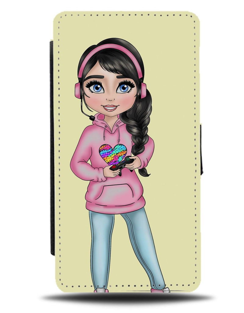 Brunette Gamer Girl Flip Wallet Case Gaming Girls Women Hair Pink Brown AP90