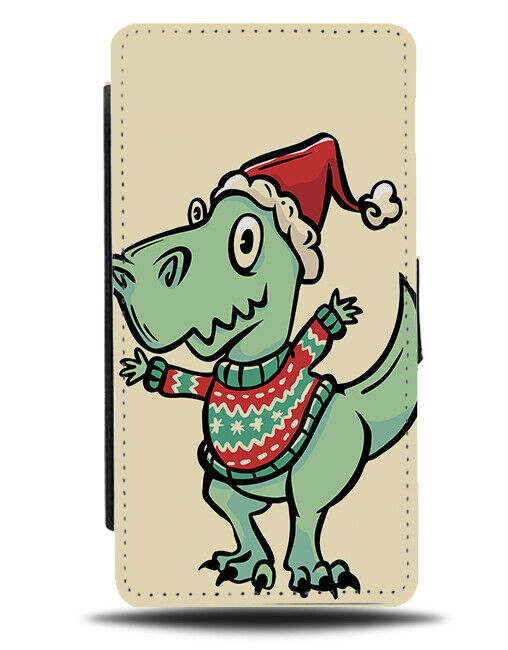 Christmas Dinosaur In Ugly Sweater Jumper Flip Wallet Case Trex T Rex Hat N721
