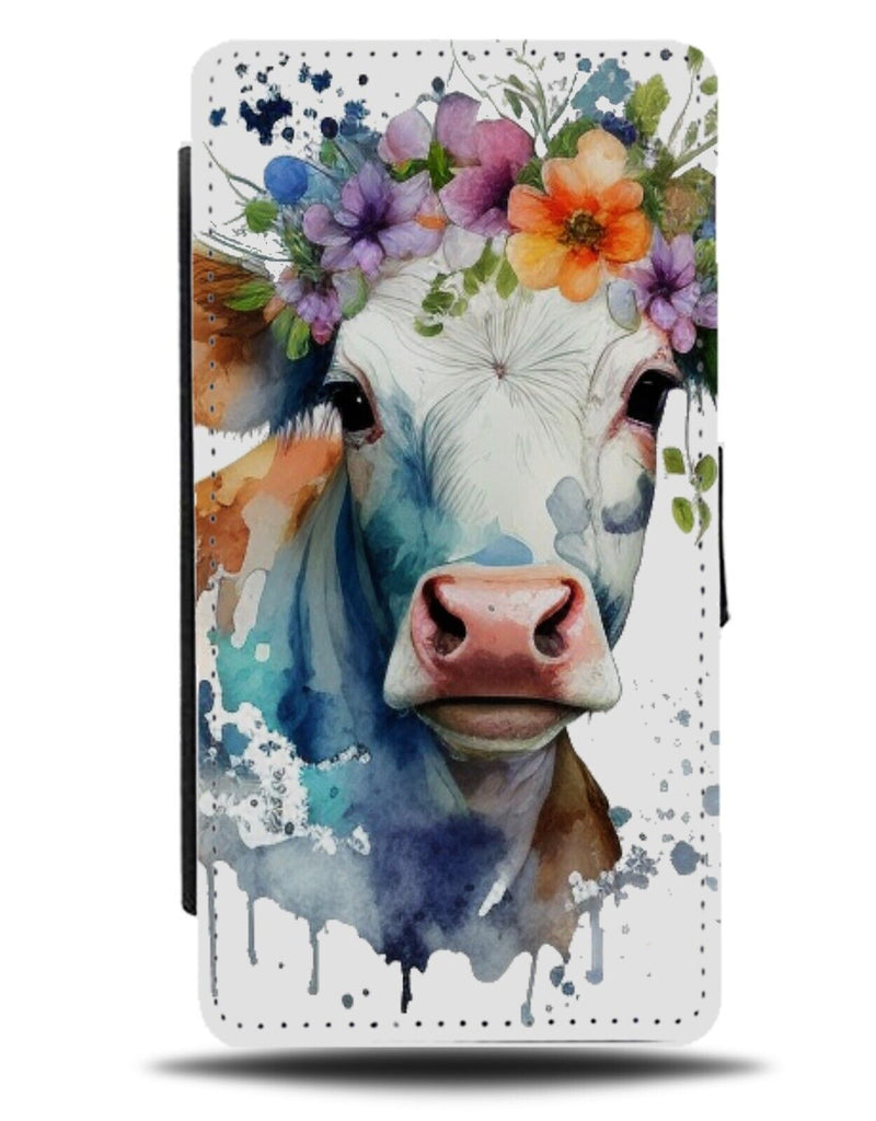 Cow In Flower Crown Watercolour Flip Wallet Case King Queen Cows Bull White BH12