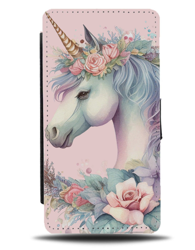 Girly Majestic Unicorn Flip Wallet Case Unicorns Head Pastel Pink Flowers Be80