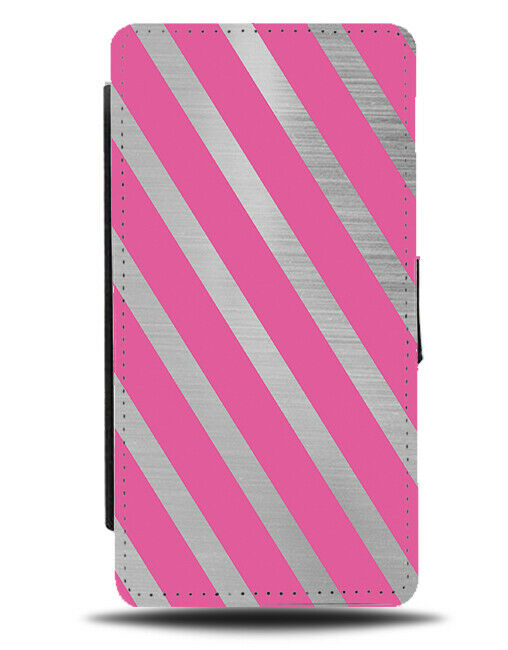 Hot Pink Silver Striped Flip Cover Wallet Phone Case Stripes Coloured Grey i878