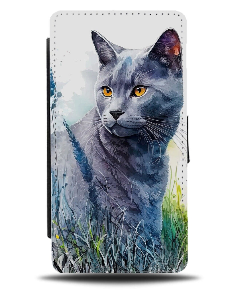 Watercolour Russian Blue Breed Of Cat Flip Wallet Case Yellow Eyes Eyed DG73