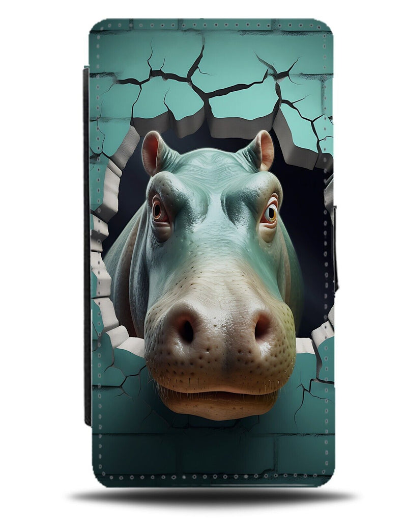 Funny Hippo Breaking Through Flip Wallet Case Hippos Face 3D Style Print CV84