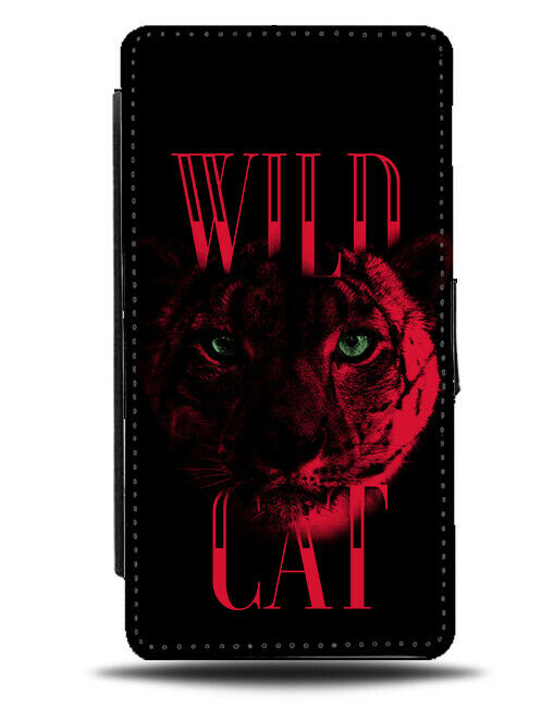 Bright Red & Black Coloured Wild Big Cat Design Flip Wallet Phone Case Face E425