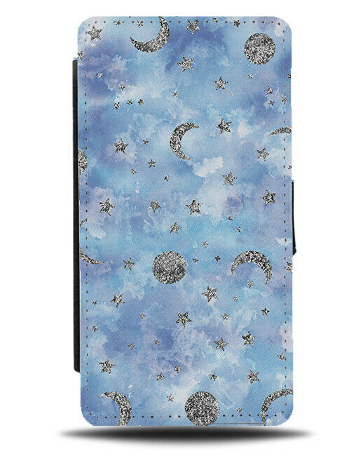 Silver Glittery Moons Flip Wallet Case Glitter Print Airbush Painting Space F963