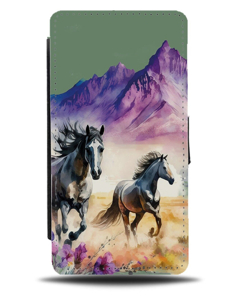 Horses Running In Nature Flip Wallet Case Mountains Art Black Stallions AT69