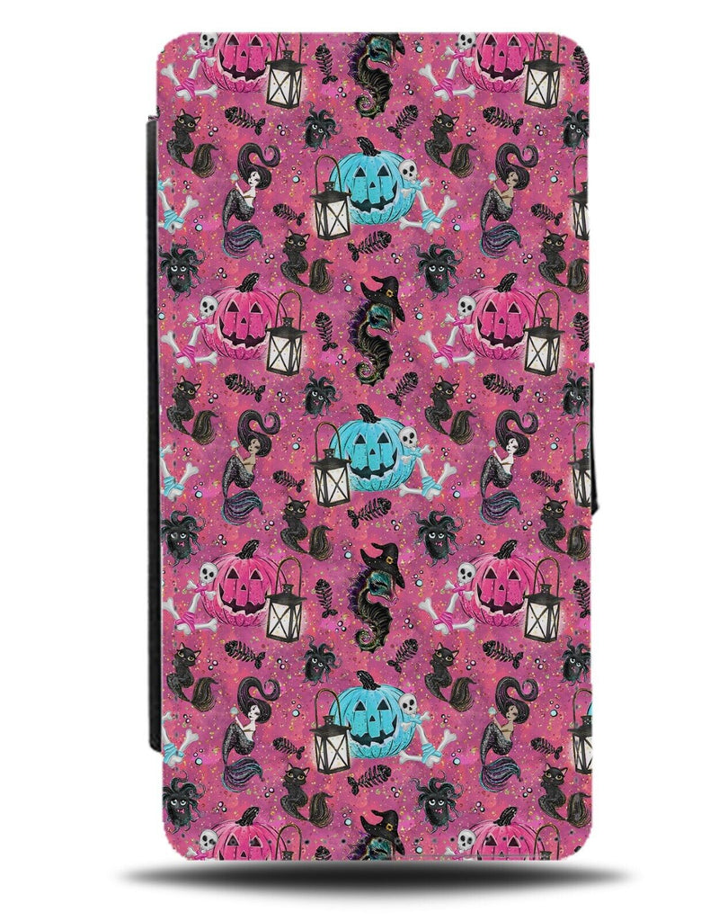 Gothic Halloween Girls Flip Wallet Case Style Pink Coloured Hot Pumpkins CF26