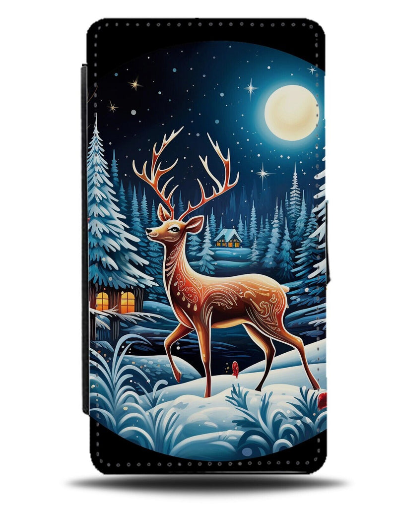 Christmas Night Time Flip Wallet Case Reindeer Black Winter Xmas Theme Deer DD44