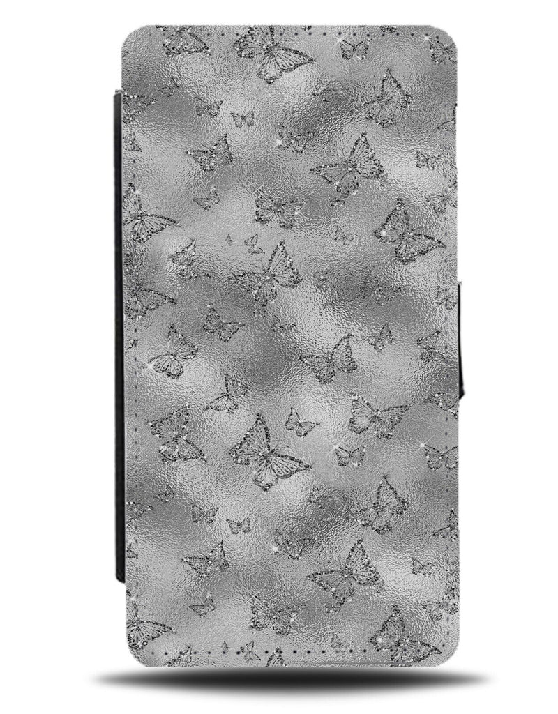 Printed Glitter Silver Butterflies Flip Wallet Case Butterflies Butterfly CN71