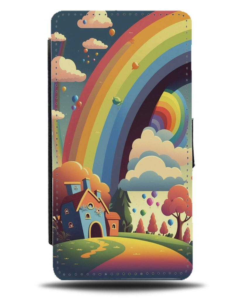 Childrens Cartoon Rainbow In Garden Flip Wallet Case Arch Arches Kids House CL02