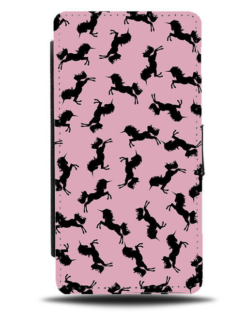 Pink and Black Unicorn Pattern Flip Cover Wallet Phone Case Unicorns Girls B884