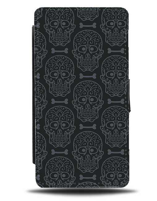 Black & Grey Floral Skulls Wallpaper Flip Wallet Case Skull Flowery Gothic H698