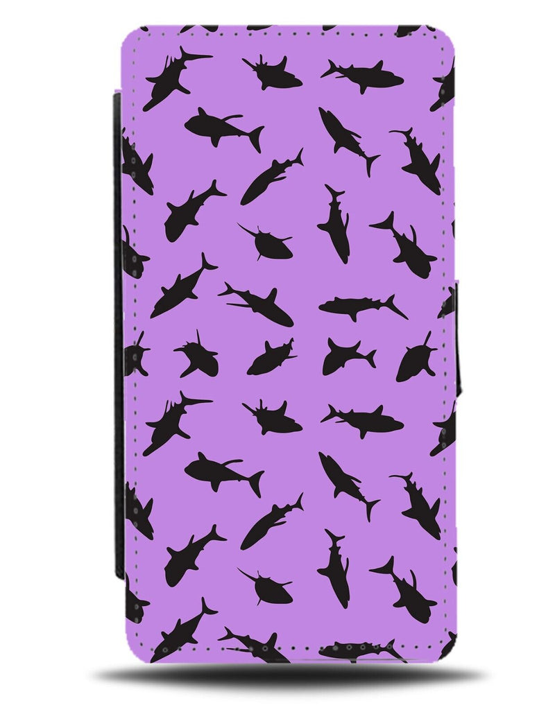 Purple & Black Great White Shark Shapes Flip Wallet Case Silhouette Sharks Ba77