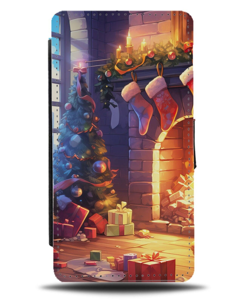 Christmas Scene Flip Wallet Case Tree Fireplace Xmas Picture Style Look DE08