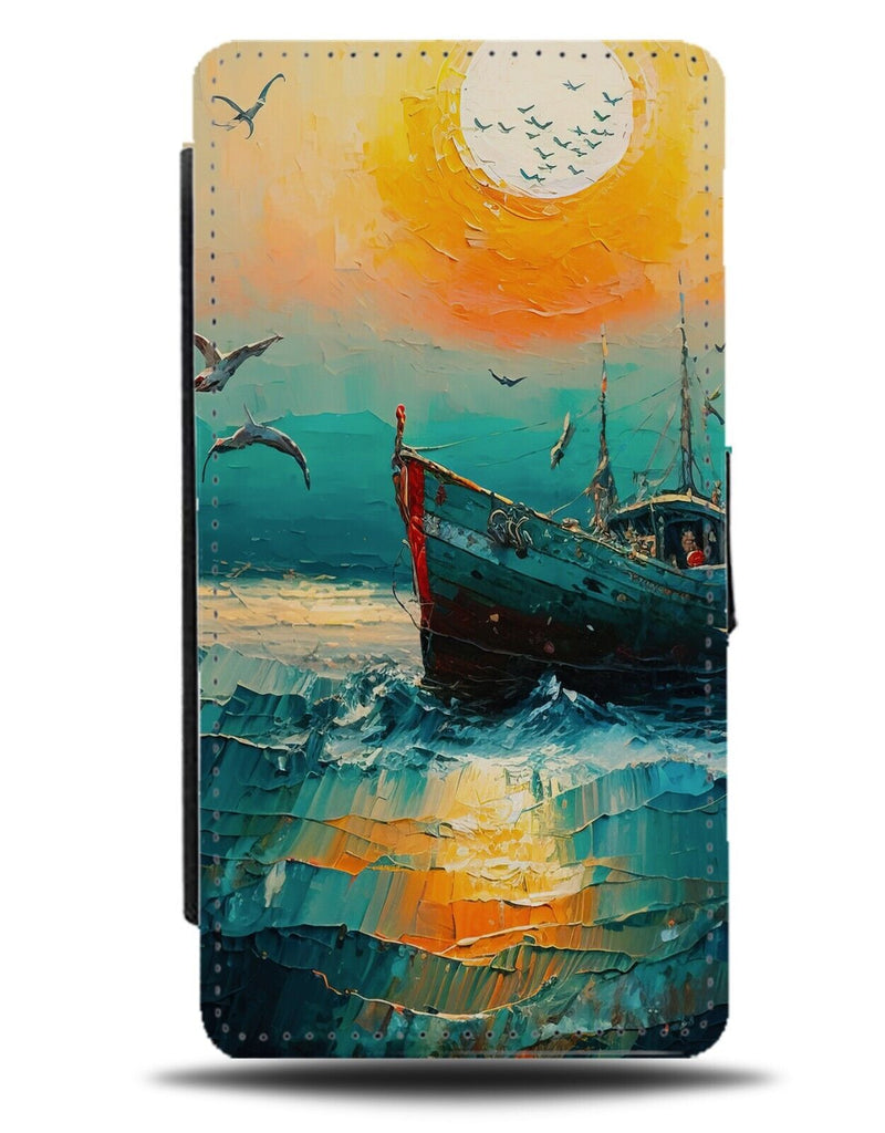 Retro Oil Painting Boat In Ocean Flip Wallet Case Boats Fishing Sunrise AZ76