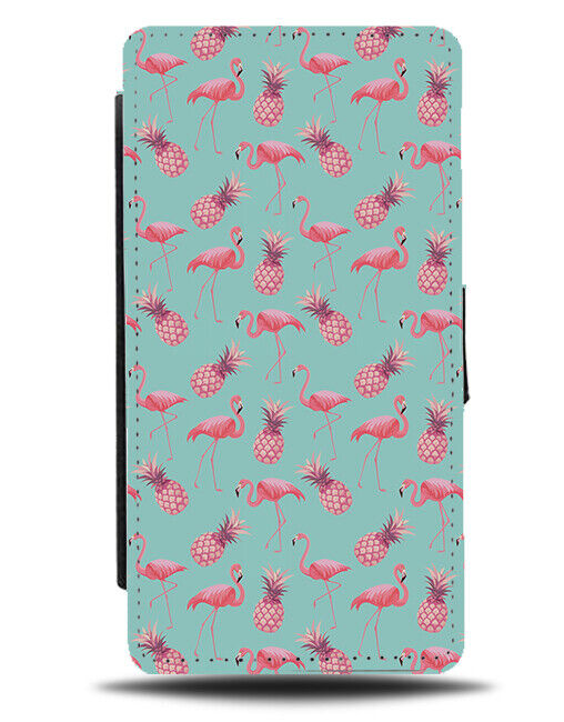 Hot Pink and Mint Green Pineapples & Flamingos Wallpaper Flip Wallet Case AA69