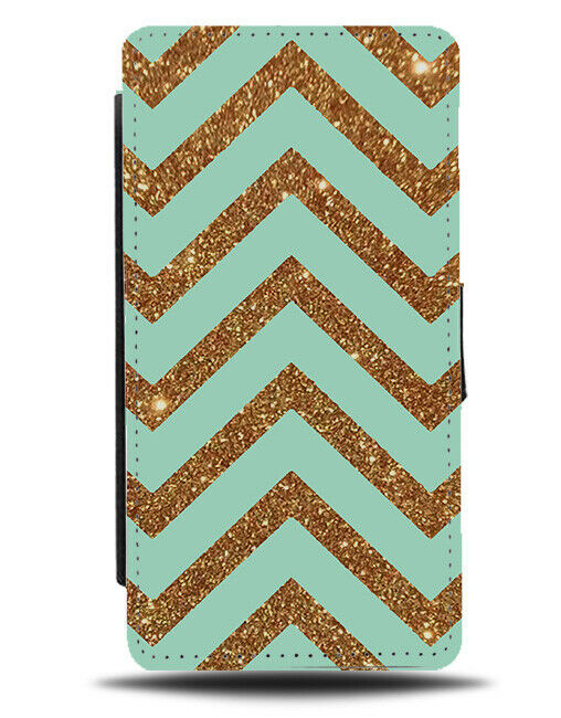Mint Green and Golden Printed Glitter Stripes Flip Cover Wallet Phone Case B835