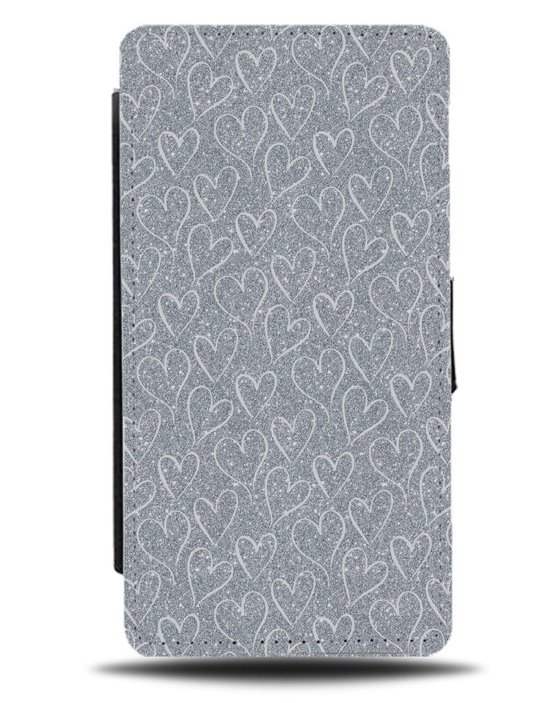 Grey Silver Glitter Print Love Hearts Flip Wallet Case Heart Shapes Design CE70