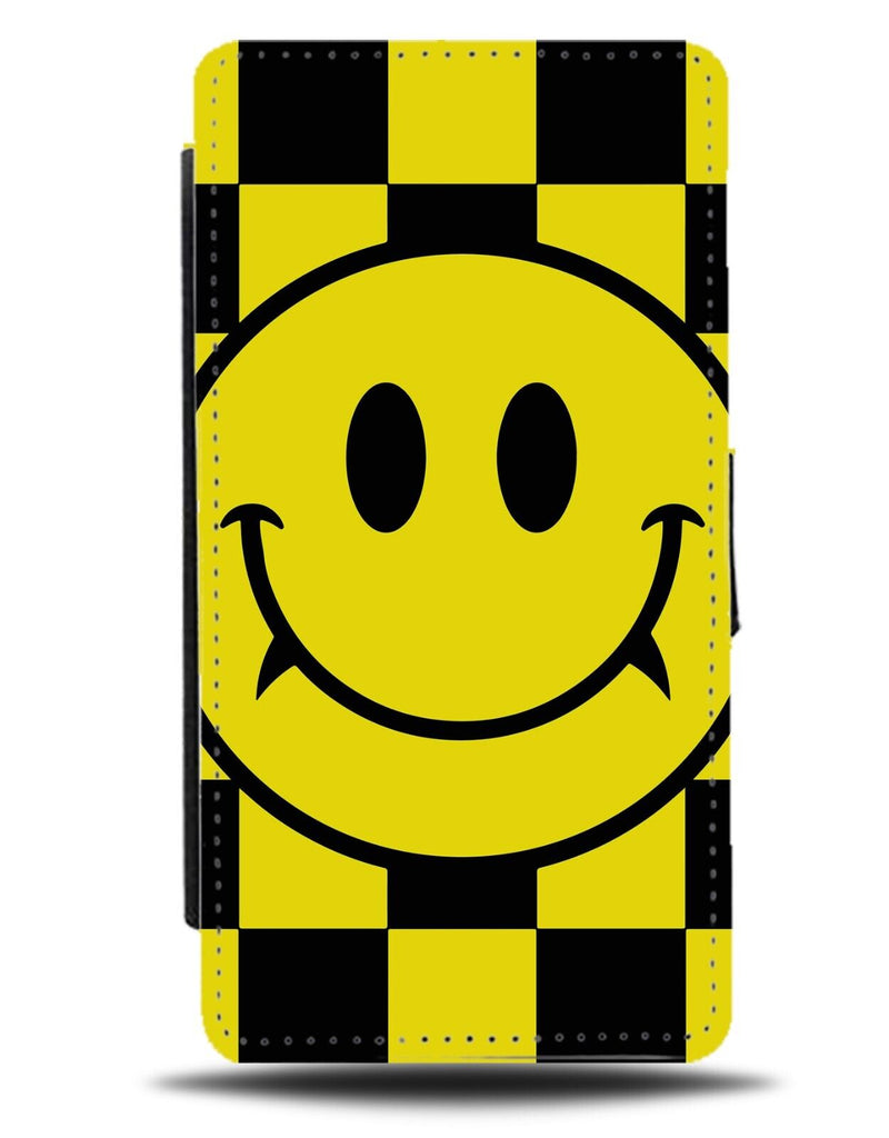 Yellow and Black Chequered Retro Smile Flip Wallet Case Classic Face Smiley DE06