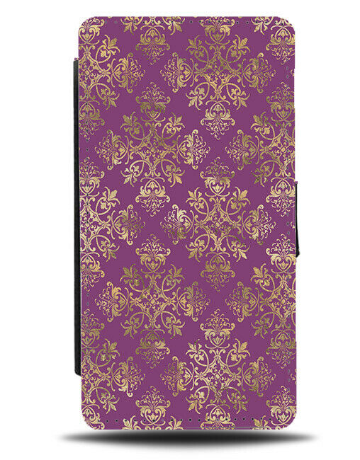 Golden Tribal Indian Floral Print On Purple Flip Wallet Case Violet Lilac G217