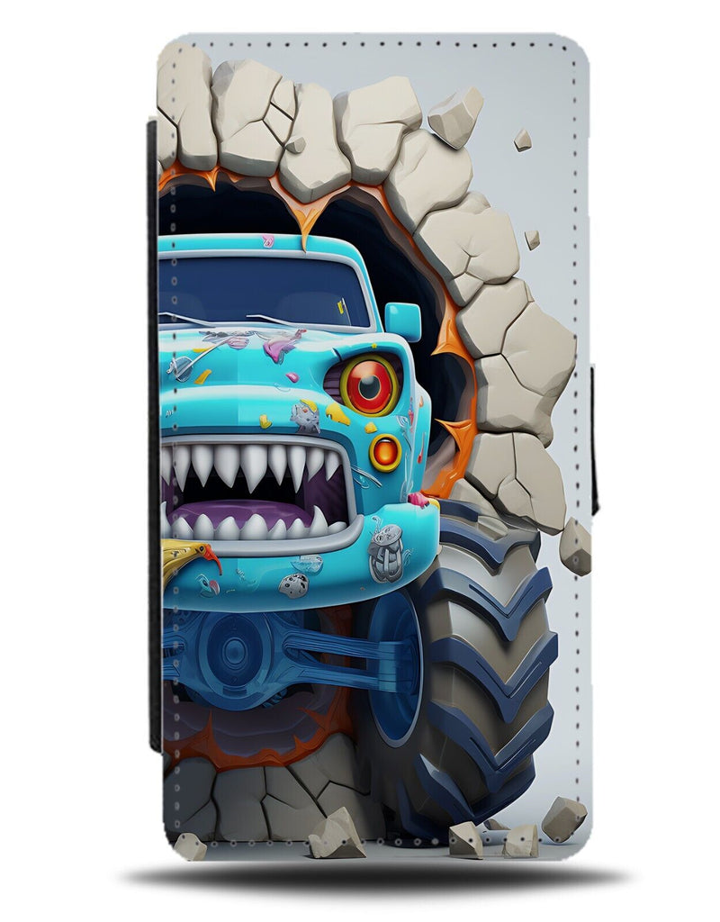Funny Kids Toy Monster Truck Flip Wallet Case Trucks Blue Childs Crashing DE77