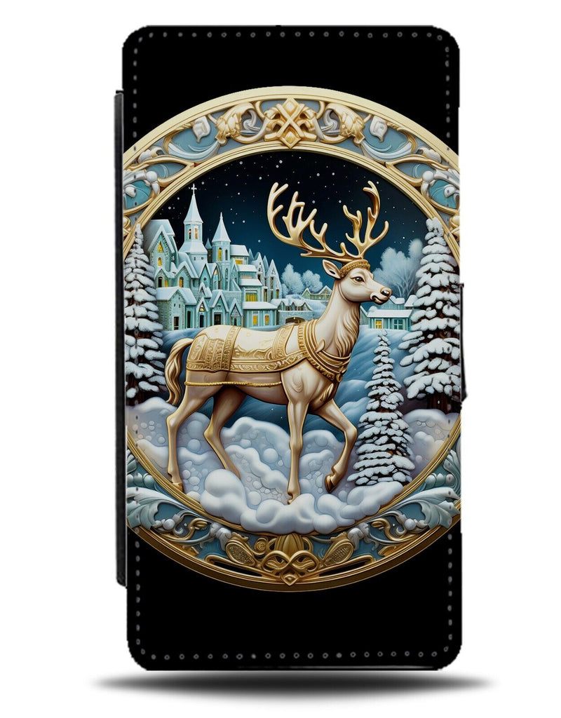 Golden Reindeer Emblem Design Flip Wallet Case Reindeers Badge Print Gold DD46