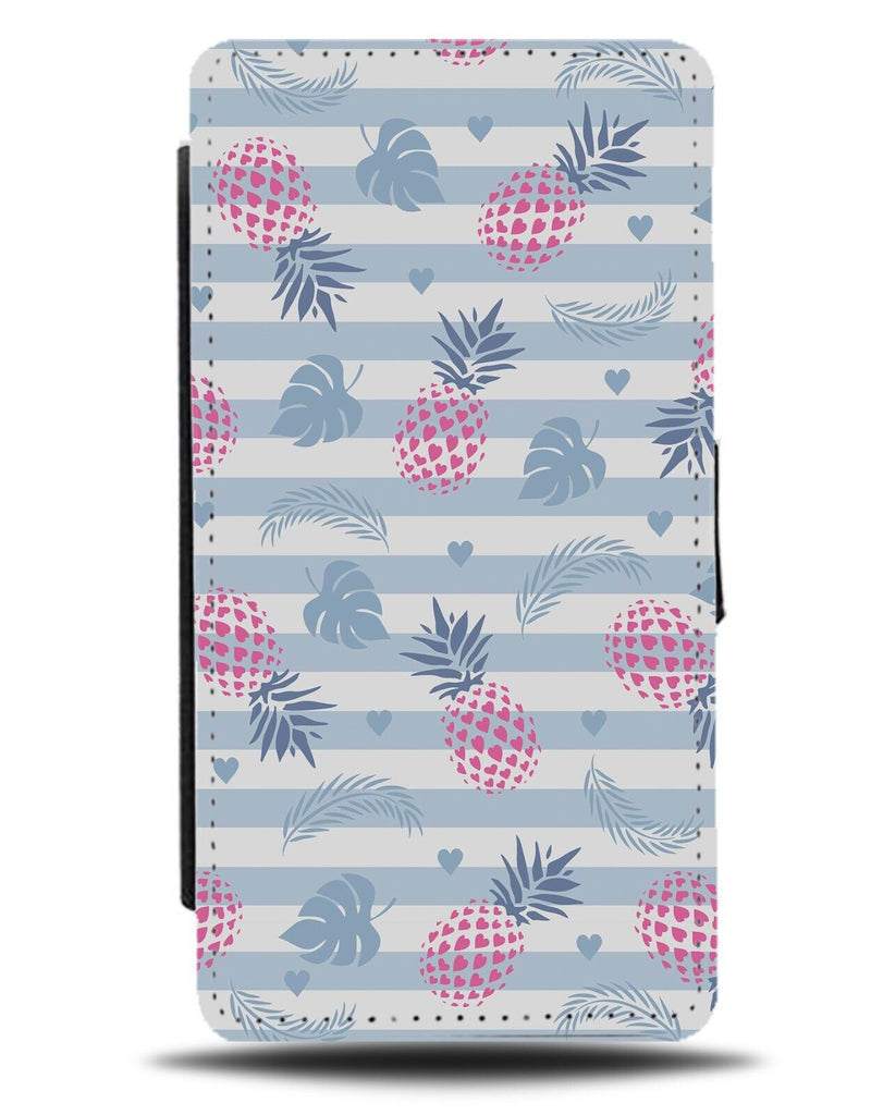 Retro Striped Pineapples Flip Wallet Case Pink Leaves Banana Exotic Fruits CN15
