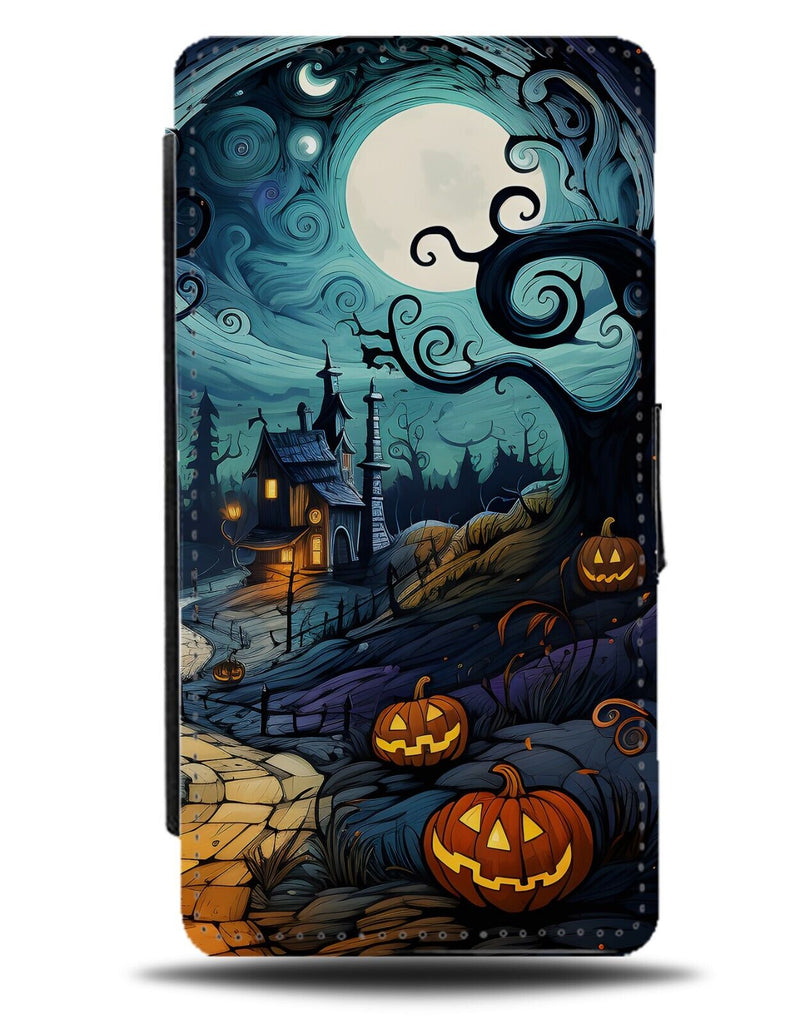 Halloween Woods Flip Wallet Case Pumpkin Haunted House Mansion Full Moon DA60