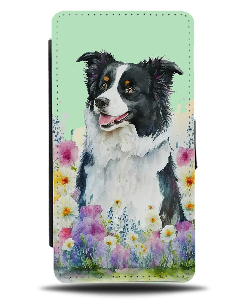 Border Collie In Flowers Watercolour Painting Flip Wallet Case Dog Dogs BG97