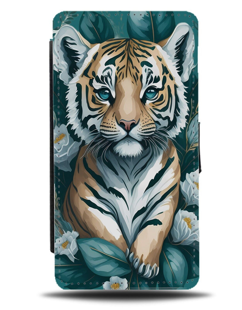 Turquoise Green Floral Tiger Flip Wallet Case Tigers Green Teal Baby Cub CB48
