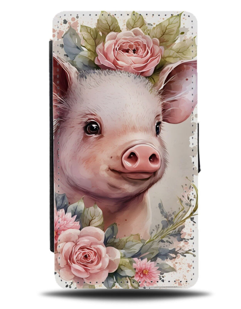 Pig In Flower Crown Flip Wallet Case Floral Boho Watercolour Piglet Pigs BD11