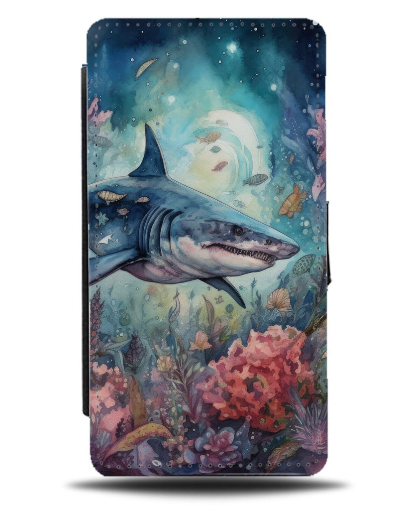 Great White Shark Watercolour Flip Wallet Case Oil Panting Art Sharks Blue BE51