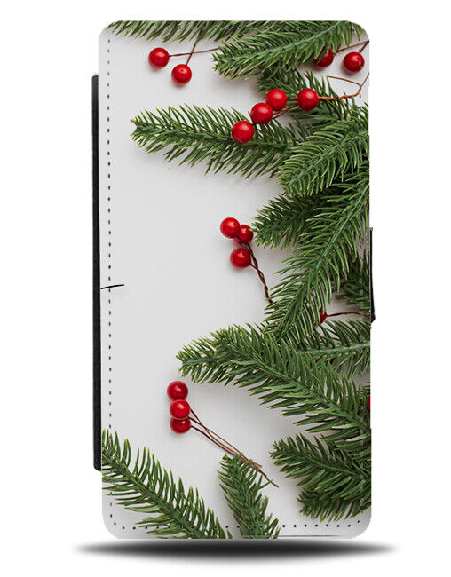 Christmas Holly Leaves Photo Flip Wallet Case Photograph Berry Tree Branch N806