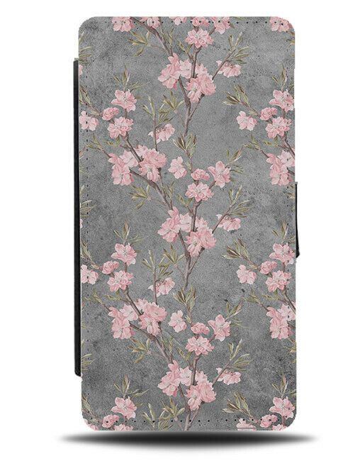 Dark Grey and Cherry Blossom Painting Flip Wallet Case Art Pink Blossoms F030
