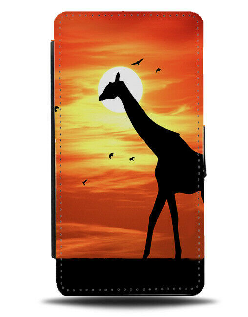 Giraffe In Sunset Flip Cover Wallet Phone Case Animal Sunset Silhouette si225