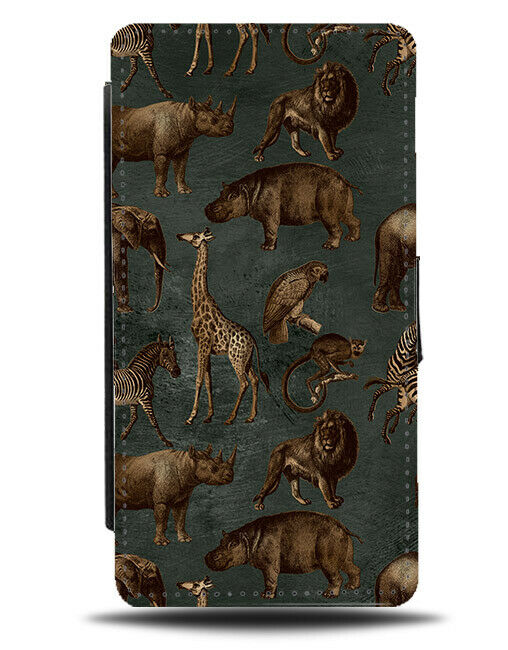 Dark Green Safari Bronzed Figures Flip Wallet Case Bronze Gold Animals G011