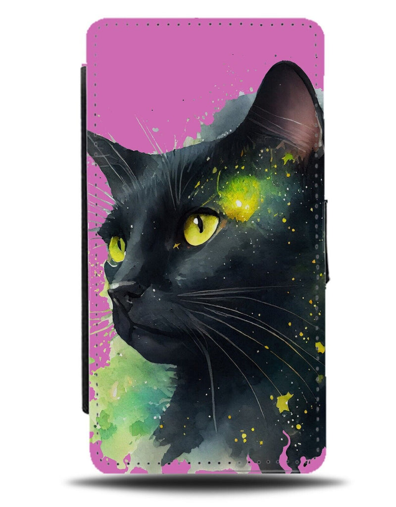 Pink Black Cat Flip Wallet Case Witches Halloween Cats Face Yellow Eyes AF83