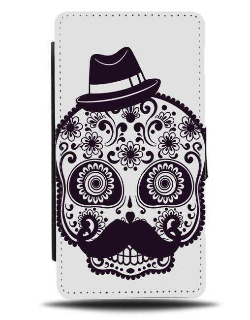 Floral Sugar Skull Flip Wallet Phone Case Moustache Curly Fedora Hat Design E263