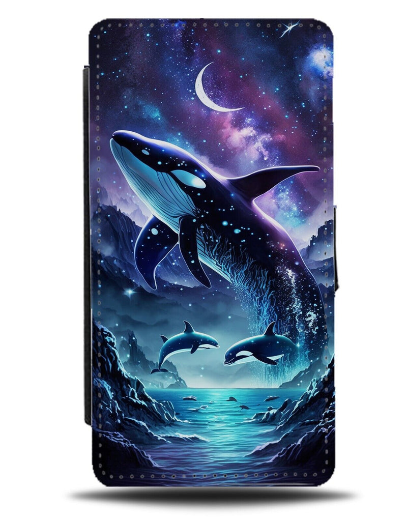 Beautiful Jumping Killer Whale Flip Wallet Case Sky Stars Orcas Picture AN09