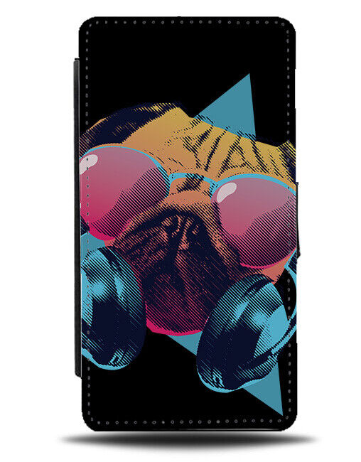 Neon 80s DJ Pug Flip Wallet Case Pugs Retro Vintage Dog Head Headphones K148