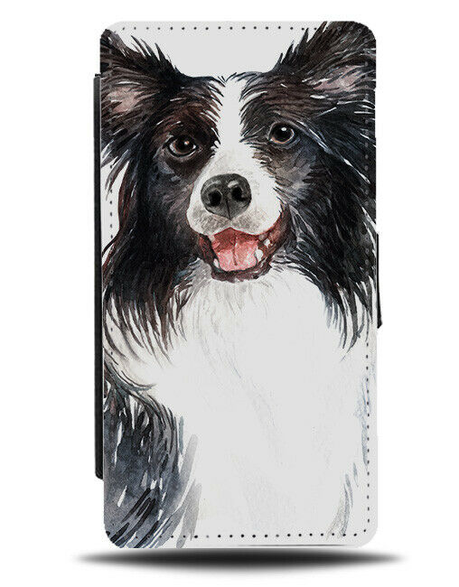 Border Collie Flip Wallet Case Dog Pet Watercolour Oil Painting Black White K672