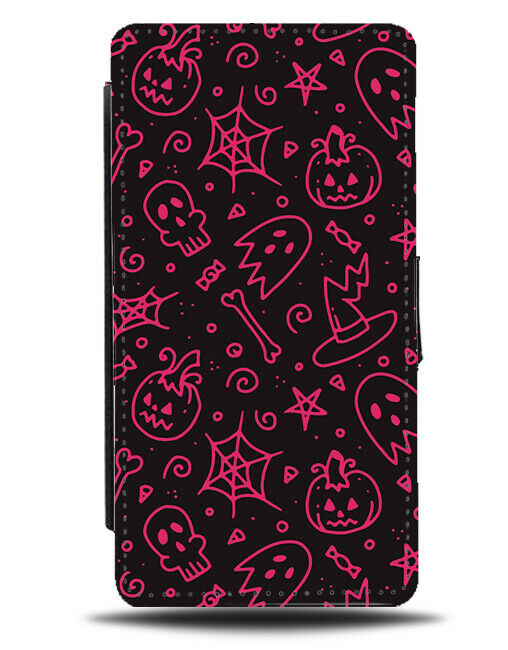 Kids Halloween Style Flip Wallet Case Girls Girl Hot Pink and Black Drawing H747