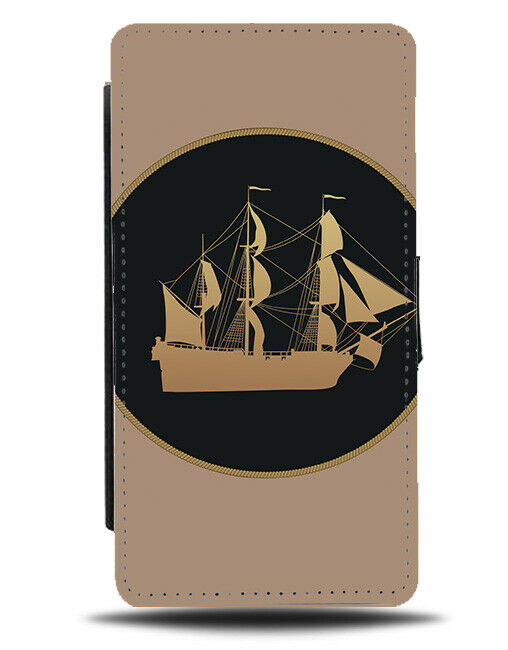 Golden Pirate Ship Silhouette Flip Wallet Case Shape Pirates Boat Gold K041