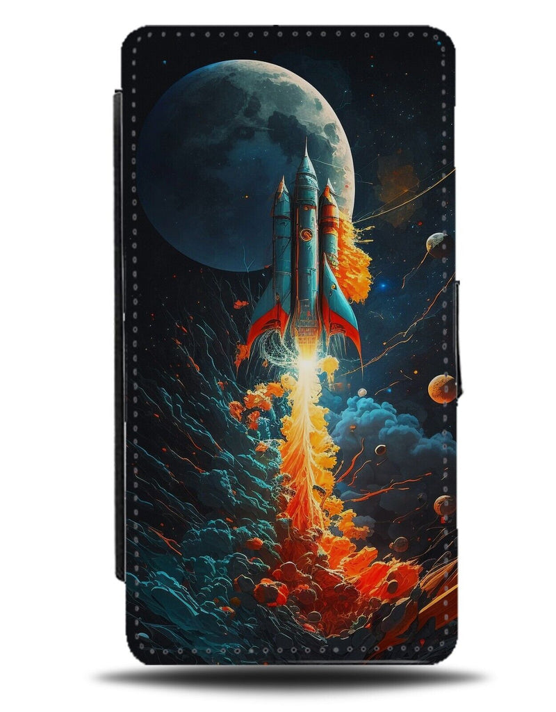 Rocket In Outer Space Flip Wallet Case Firing Fire Into Moon Planets Stars CP95