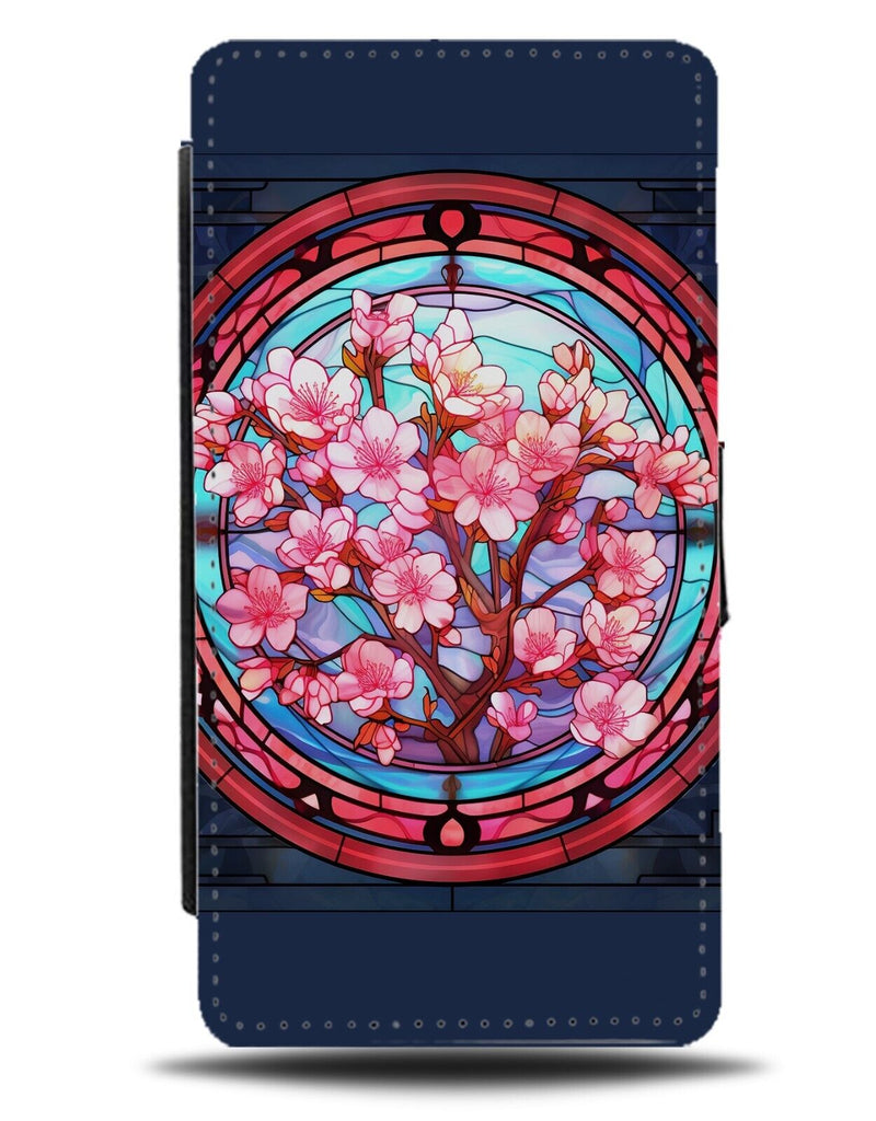 Stained Glass Window Cherry Blossom Design Flip Wallet Case Blossoms Pink DB79