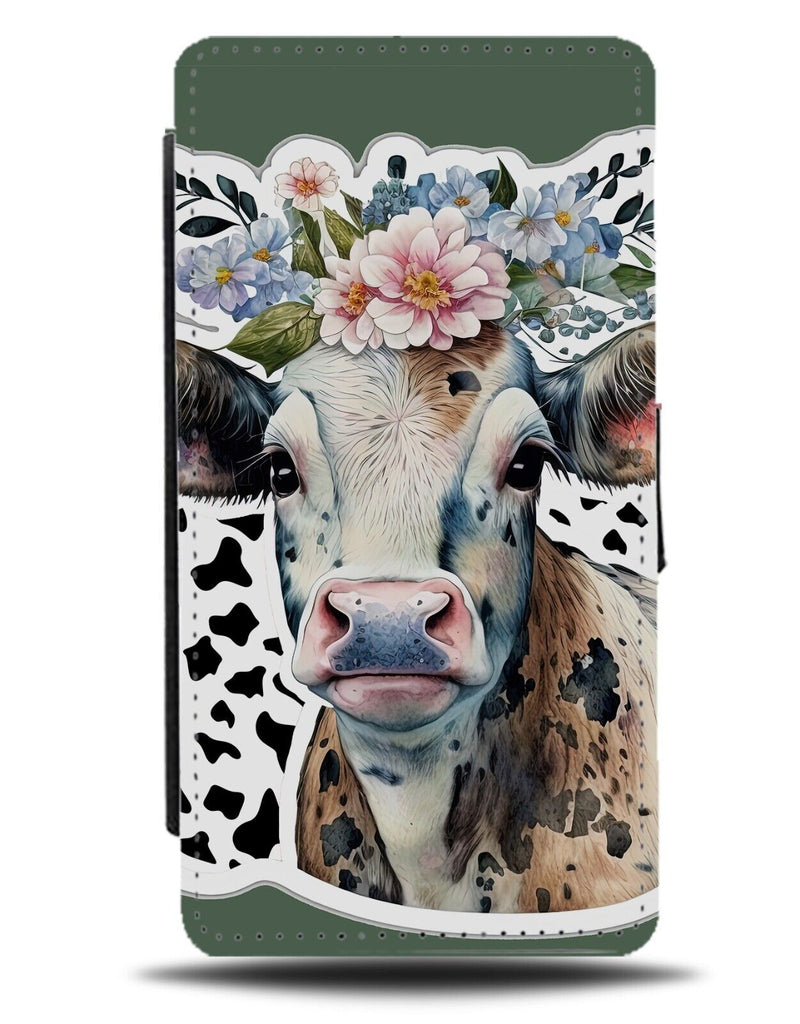 Retro Cows Floral Flip Wallet Case Flower Crown Cow Print Spots Dots Nose AH17