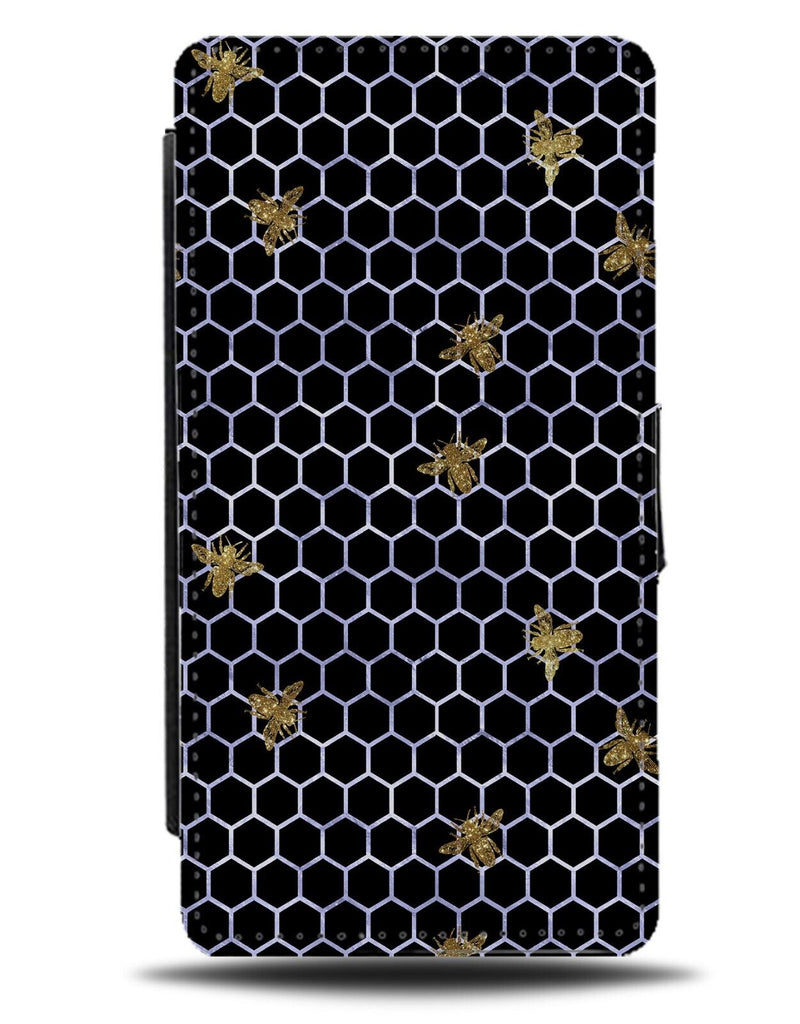 Navy Blue Golden Printed Glitter Wasps Flip Wallet Case Wasp Bee Honeycomb AJ36